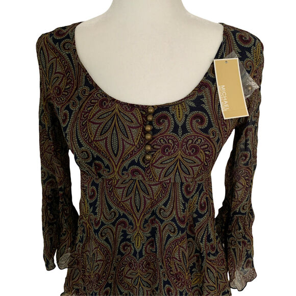 Michael Kors Womens Blouse Small Brown Midnight Paisley Taupe Silk Bell Sleeve - Picture 6 of 12